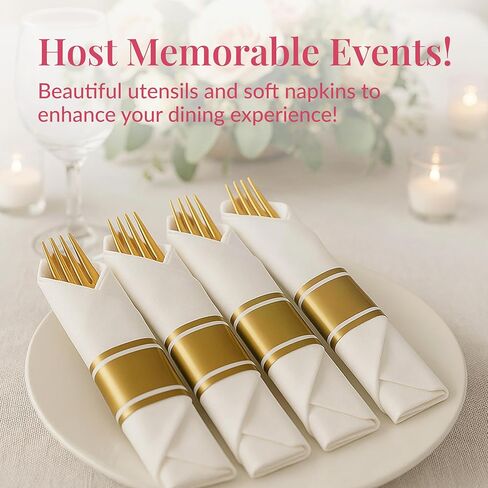 Prestee 50 Pre Rolled Gold Plastic Silverware Sets for Parties, 200pc Set, 50 Guests - Wrapped Disposable Silverware Set w/Forks, Knives, Spoons, White Napkins -Decorative Flatware for Party, Wedding in Kuwait
