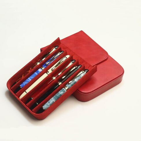 6Slots Leather Fountain Pen Case Collector Organizer - Handmade Pen Case Vintage Crazy Horse Print Leather Pen Protective Sleeve Cover Pen Storage Gift Box (6slot-Black) in Saudi Arabia