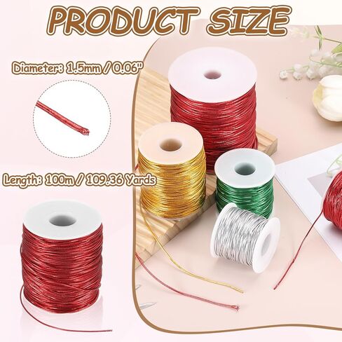 HARFINGTON 1.5mm Metallic Elastic Cords, Tinsel Elastic Stretch String Cord Thread Braiding Rope for Craft Making Gift Wrapping Ornaments, Green, 109 Yards in Saudi Arabia