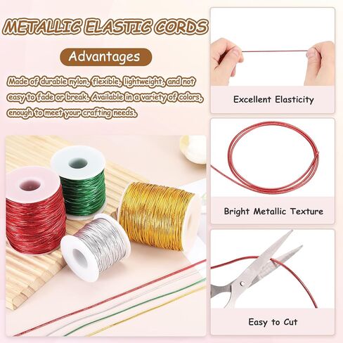 HARFINGTON 1.5mm Metallic Elastic Cords, Tinsel Elastic Stretch String Cord Thread Braiding Rope for Craft Making Gift Wrapping Ornaments, Green, 109 Yards in Saudi Arabia