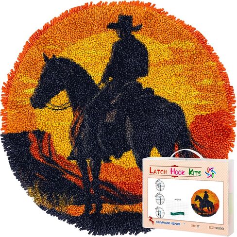 Latch Hook Rug Kit Western Cowboy on Horse Stamped Handmade Round Shape Carpet Crochet Yarn Craft DIY Hook and Latch Door Mat Tapestry for Christmas Home Floor Decor 50x50cm(1) in Saudi Arabia