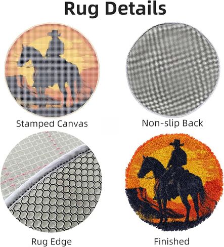 Latch Hook Rug Kit Western Cowboy on Horse Stamped Handmade Round Shape Carpet Crochet Yarn Craft DIY Hook and Latch Door Mat Tapestry for Christmas Home Floor Decor 50x50cm(1) in Saudi Arabia