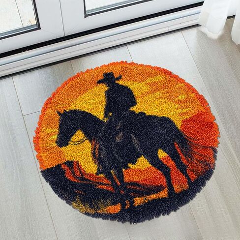 Latch Hook Rug Kit Western Cowboy on Horse Stamped Handmade Round Shape Carpet Crochet Yarn Craft DIY Hook and Latch Door Mat Tapestry for Christmas Home Floor Decor 50x50cm(1) in Saudi Arabia