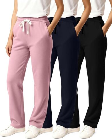 Real Essentials 3 Pack: Girls' Fleece Open Bottom Soft Athletic Performance Casual Sweatpants(Ages 7-16) in Kuwait