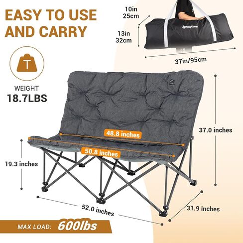KingCamp Double Camping Chair, Outdoor Folding Loveseat Camping Chair for 2 Person, Extra Large Heavy Duty Camping Couch for Campsites, Soccer Games, Backyard with Cup Holder Arm Rest, Support 600 LBS in Kuwait