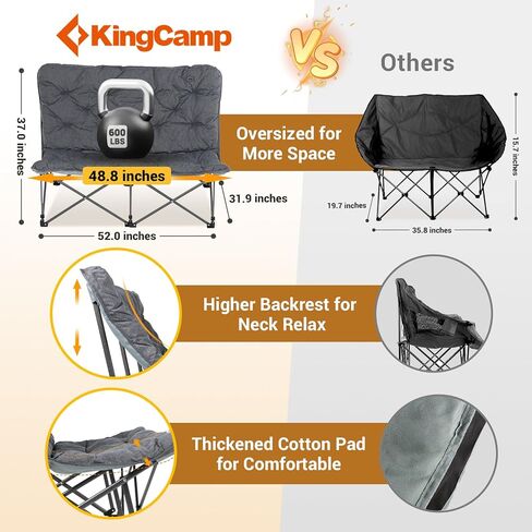 KingCamp Double Camping Chair, Outdoor Folding Loveseat Camping Chair for 2 Person, Extra Large Heavy Duty Camping Couch for Campsites, Soccer Games, Backyard with Cup Holder Arm Rest, Support 600 LBS in Kuwait