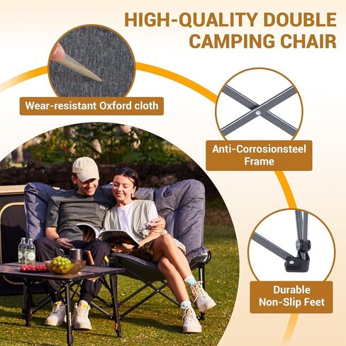 KingCamp Double Camping Chair, Outdoor Folding Loveseat Camping Chair for 2 Person, Extra Large Heavy Duty Camping Couch for Campsites, Soccer Games, Backyard with Cup Holder Arm Rest, Support 600 LBS in Kuwait