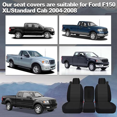 أغطية مقاعد أمامية منفصلة مخصصة 40/20/40 من قماش أكسفورد تناسب طرازات Ford F150 XL/Standard Cab 2004 2005 2006 2007 2008 مع أحزمة أمان مدمجة ومساند أذرع صلبة - أسود in Saudi Arabia