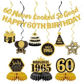 60th Birthday Party Decorations Set, Black and Gold, Never Looked So Good Banner, Honeycomb Centerpieces, Hanging Swirls, Double-Sided Cards, 11 Pieces in Saudi Arabia