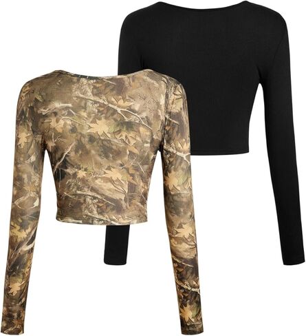 RoseSeek Girl's 2 Pack Long Sleeve T Shirt Slim Fit Crewneck Ribbed Knit Crop Top Fall Basic Tees in Saudi Arabia