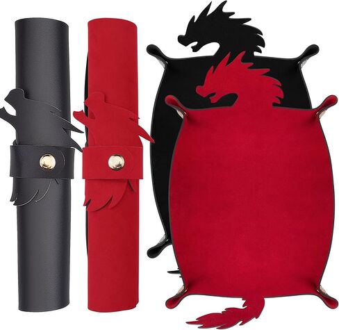 SIQUK 2 Pieces Dragon Dice Rolling Tray PU Leather Dice Mat Folding Scroll Dices Holder for D&D RPG Games (Black, Red) in Saudi Arabia