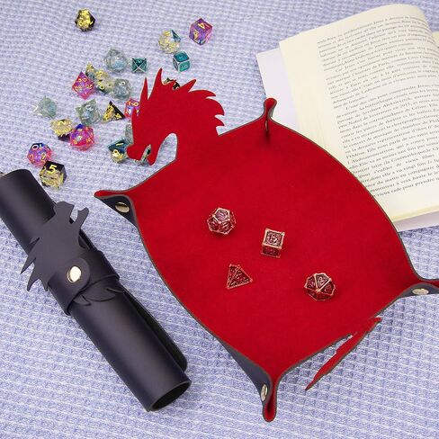 SIQUK 2 Pieces Dragon Dice Rolling Tray PU Leather Dice Mat Folding Scroll Dices Holder for D&D RPG Games (Black, Red) in Saudi Arabia