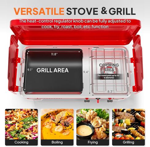 موقد تخييم محمول 2 في 1 من ROVSUN وشواية بروبان مع شواية مينا ومشعل بيزو، موقد تخييم على سطح الطاولة مع مقبض مدمج، لوحة رياح ومنظم للتخييم والتخييم والشواء (أسود) in Kuwait