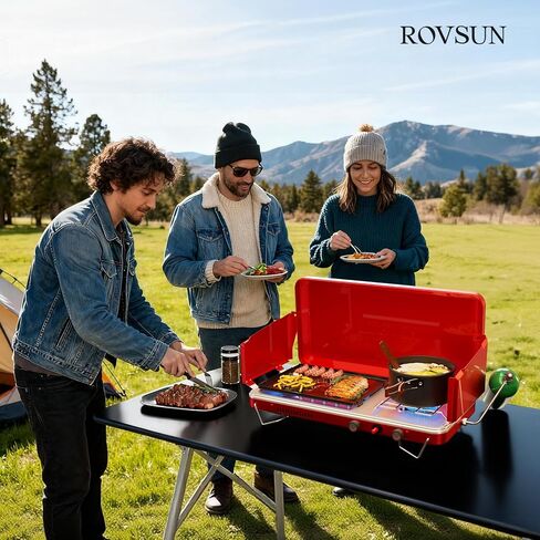 موقد تخييم محمول 2 في 1 من ROVSUN وشواية بروبان مع شواية مينا ومشعل بيزو، موقد تخييم على سطح الطاولة مع مقبض مدمج، لوحة رياح ومنظم للتخييم والتخييم والشواء (أسود) in Kuwait