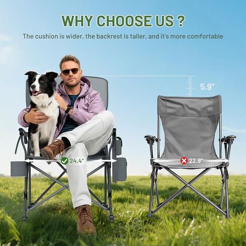 TIMBER RIDGE Oversized Folding Camping Chair with Lumbar Support Adjustable High Back Heavy Duty for Adults Support up to 500lbs with Cup Holder, Cooler Bag, Side Pocket, Grey in Saudi Arabia