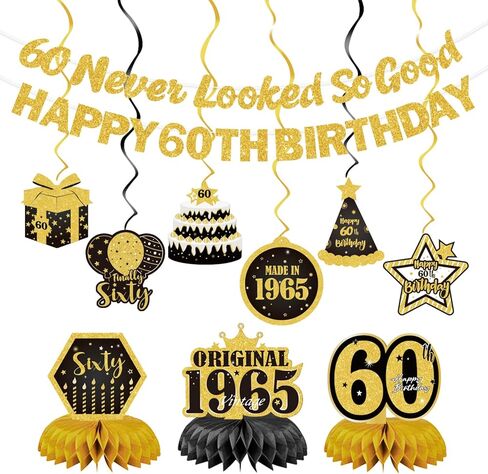 60th Birthday Party Decorations Set, Black and Gold, Never Looked So Good Banner, Honeycomb Centerpieces, Hanging Swirls, Double-Sided Cards, 11 Pieces in Saudi Arabia