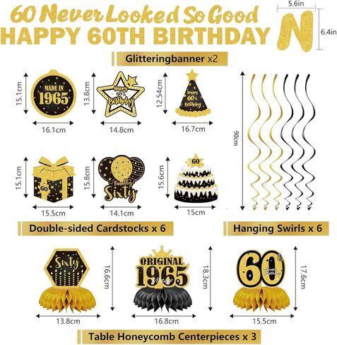 60th Birthday Party Decorations Set, Black and Gold, Never Looked So Good Banner, Honeycomb Centerpieces, Hanging Swirls, Double-Sided Cards, 11 Pieces in Saudi Arabia