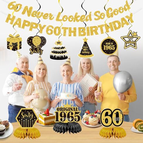 60th Birthday Party Decorations Set, Black and Gold, Never Looked So Good Banner, Honeycomb Centerpieces, Hanging Swirls, Double-Sided Cards, 11 Pieces in Saudi Arabia