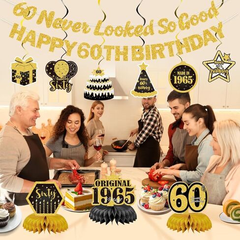60th Birthday Party Decorations Set, Black and Gold, Never Looked So Good Banner, Honeycomb Centerpieces, Hanging Swirls, Double-Sided Cards, 11 Pieces in Saudi Arabia