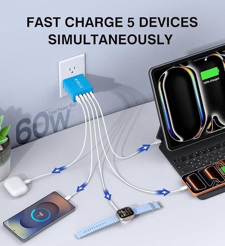 2 حزمة USB C شاحن سريع، 50 وات 5 منافذ USB C شاحن جداري، 2 USB A & 3 USB C PD3.0 محول طاقة متعدد المنافذ من النوع C لشحن iPhone 12/13/14/15، Pad Mini/Pro، GalaxyS23 S22 (أبيض) in Kuwait
