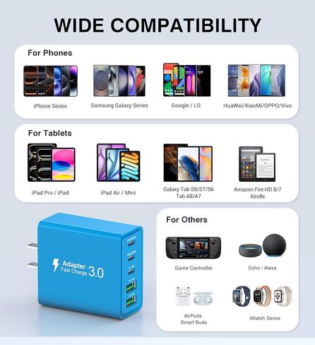 2 حزمة USB C شاحن سريع، 50 وات 5 منافذ USB C شاحن جداري، 2 USB A & 3 USB C PD3.0 محول طاقة متعدد المنافذ من النوع C لشحن iPhone 12/13/14/15، Pad Mini/Pro، GalaxyS23 S22 (أبيض) in Kuwait