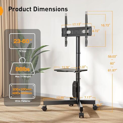 Perlegear Rolling TV Stand for 23-60 Inch LED Flat Screen/Curved TVs up to 88lbs,Mobile TV Stand Wheels with Height Adjustable Portable Rolling TV Cart Max VESA 400x400mm PGTVMC06 in Saudi Arabia