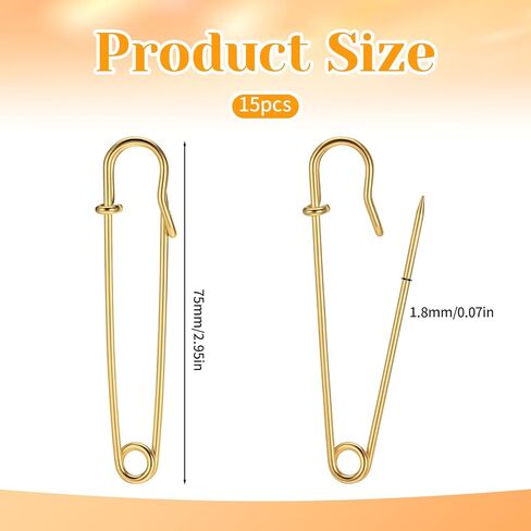 15 Pcs Large Safety Pins 3 inch Heavy Duty Safety Pins Extra Large Stainless Steel Pin Gold Big Blanket Pin for Clothes Blankets Crafts Leather Canvas Skirts Kilts (Gold) in Saudi Arabia