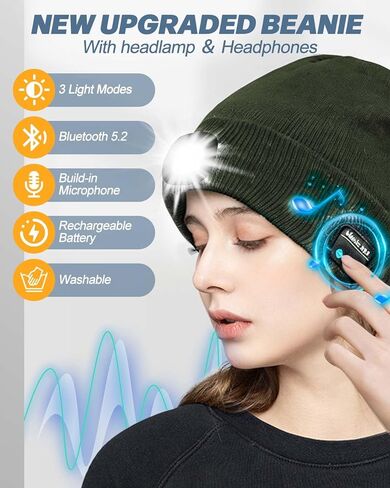 Unisex Bluetooth Beanie with Light 2 Pack, USB Rechargeable LED Headlamp Hat, Christmas Stocking Stuffers Gifts Warm Knitted Cap for Parent Men Women Dad Mom Black & Gray in Kuwait
