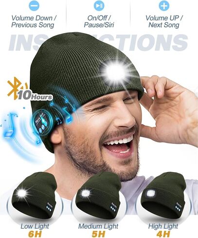 Unisex Bluetooth Beanie with Light 2 Pack, USB Rechargeable LED Headlamp Hat, Christmas Stocking Stuffers Gifts Warm Knitted Cap for Parent Men Women Dad Mom Black & Gray in Kuwait