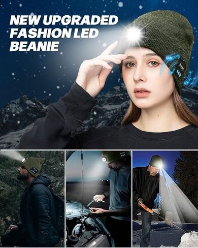 Unisex Bluetooth Beanie with Light 2 Pack, USB Rechargeable LED Headlamp Hat, Christmas Stocking Stuffers Gifts Warm Knitted Cap for Parent Men Women Dad Mom Black & Gray in Kuwait