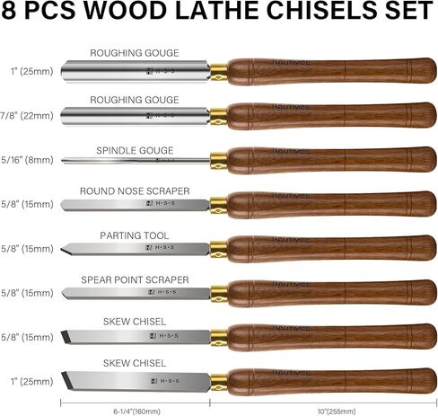 HAUTMEC Professional Wood Turning Chisel 8 pcs Set, Lathe Chisel Set with 2 Skew 1 Spear Point 1 Parting 1 Round Nose & 3 Gouge Tools for Beginners, Hobbyists and Professionals HT0237-WW in Kuwait