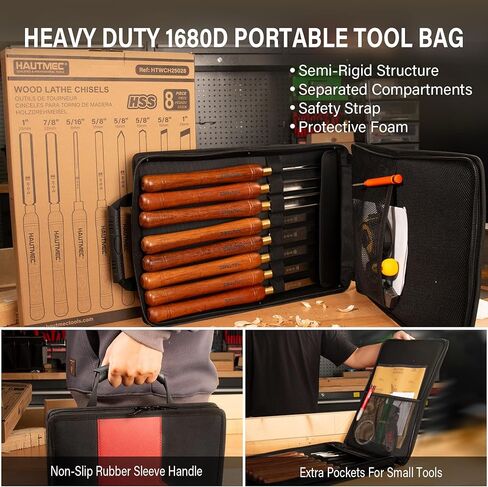 HAUTMEC Professional Wood Turning Chisel 8 pcs Set, Lathe Chisel Set with 2 Skew 1 Spear Point 1 Parting 1 Round Nose & 3 Gouge Tools for Beginners, Hobbyists and Professionals HT0237-WW in Kuwait