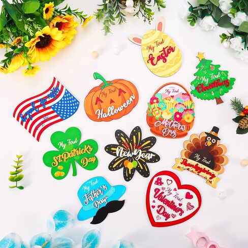 Whaline 10 قطع من بطاقات My First Holiday Milestone، علامة إعلان خشبية لعطلة الطفل للحمل وحديثي الولادة ونمو الطفل، ديكور صور دعائم الطفل في الخريف الأول وعيد الهالوين والكريسماس والعام الجديد in Kuwait