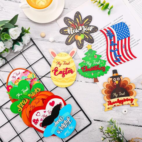 Whaline 10 قطع من بطاقات My First Holiday Milestone، علامة إعلان خشبية لعطلة الطفل للحمل وحديثي الولادة ونمو الطفل، ديكور صور دعائم الطفل في الخريف الأول وعيد الهالوين والكريسماس والعام الجديد in Kuwait
