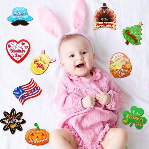 Whaline 10 قطع من بطاقات My First Holiday Milestone، علامة إعلان خشبية لعطلة الطفل للحمل وحديثي الولادة ونمو الطفل، ديكور صور دعائم الطفل في الخريف الأول وعيد الهالوين والكريسماس والعام الجديد in Kuwait