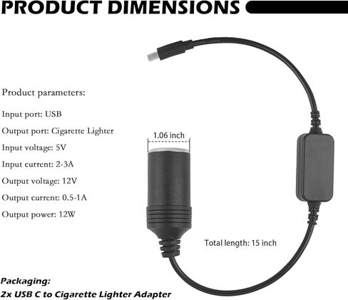 2PCS USB C to Cigarette Lighter Adapter,USB to 12V Adapter with LED Power Indicator,Durable Cigarette Lighter Socket Converter Cable Car Accessories for GPS & Dash Cams in Saudi Arabia