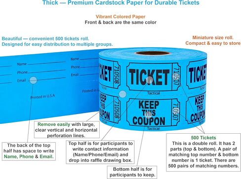 Tacticai 500 Raffle Tickets, Blue (8 Color Selection), Double Roll, Ticket for Events, Entry, Class Reward, Fundraiser & Prizes in Kuwait