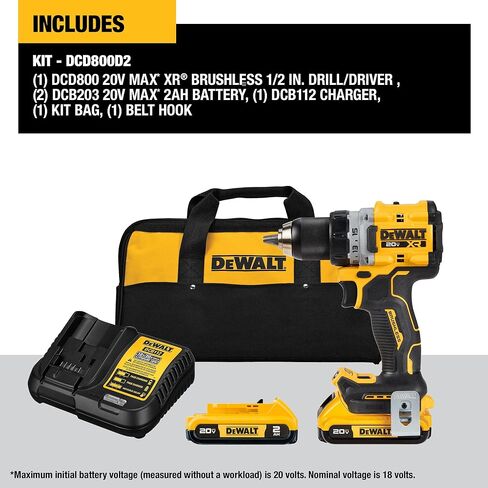 DEWALT 20V MAX XR Cordless Drill/Driver Kit, Brushless, Compact, with 2 Batteries and Charger (DCD800D2) in Kuwait