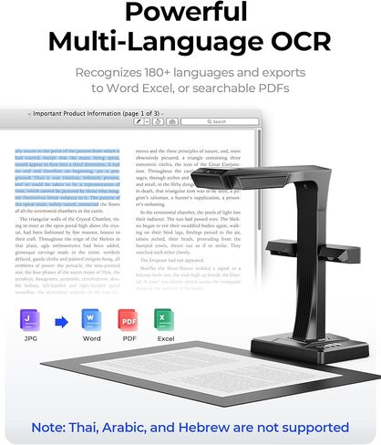 CZUR ET16 Plus Advanced Book & Document Scanner, 2nd Gen Auto-Flatten&Deskew Tech, 16MP Camera, Capture A3, 186 Languages OCR, Convert to PDF/Searchable PDF/Word/Tiff/Excel, Run On Windows&MacOS in Kuwait