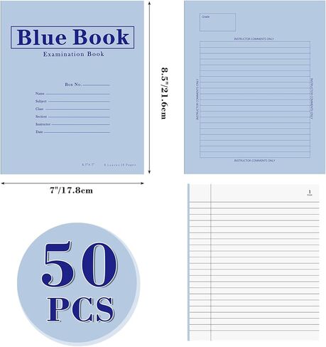 50 حزمة من كتاب الاختبار الأزرق، كتاب اختبار أزرق، 8.5 بوصة × 7 بوصة، 8 أوراق 16 صفحة، كتاب فحص مخيط واسع للمدرسة والمنزل والأعمال التجارية in Kuwait