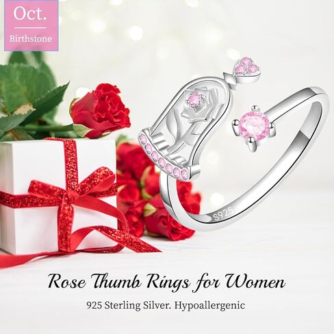 Beauty and the Beast Rose Ring Birthstone Rings for Women - 925 Sterling Silver Adjustable Rose Rings Jewelry Gifts for Women in Saudi Arabia