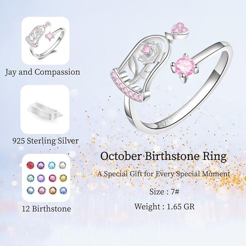 Beauty and the Beast Rose Ring Birthstone Rings for Women - 925 Sterling Silver Adjustable Rose Rings Jewelry Gifts for Women in Saudi Arabia