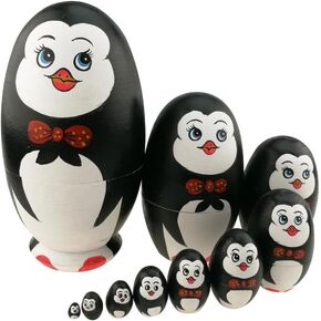 Cute Animal Theme Penguin with Bowtie Egg Shape Wooden Handmade Nesting Dolls Matryoshka Dolls Set 10 Pieces for Kids Toy Birthday Home Kids Room Decoration