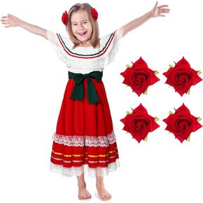 Twistover 5 Pcs Mexican Fiesta Dress Kit Traditional Mexican Girl Dress with Rose Hair Clip for Cinco De Mayo Halloween