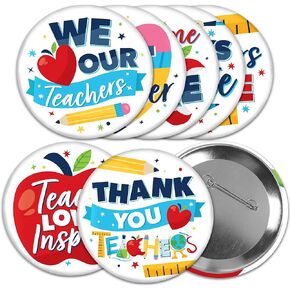 Big Dot of Happiness Thank You Teachers - 3 inch Teacher Appreciation Badge - Pinback Buttons - Set of 8
