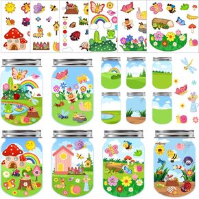 24Set Spring Craft Kits for Kids Make A Spring Bugs Stickers Scene, Spring Summer Craft Jar Sticker Butterfly Flower Bee Mushroom Insect Bulk Set Make Your Own Scene for Home Classroom Game Activities