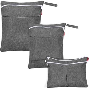 Damero 3Pcs Wet Dry Bags for Baby Cloth Diaper, Washable Diaper Wet Bag with Handle for Pumping Parts, Travel, Swimsuits, Gray