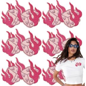 6 PCS Iron On Patch, Pink Dice Fire Patch, Hearts Embroidered Jean Patches Punk Funny Embroidered Badge Iron for Clothes Bags Hats T-Shirts Jeans Jackets DIY Accessory