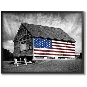 Stupell Industries sca-148-Wall-Art Black and White Farmhouse Barn American Flag, Wall Art, 24 x 30, Gallery Wrapped Canvas