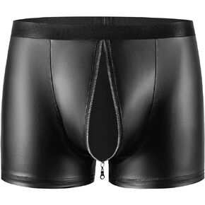Mens Soft Leather Boxer, Sexy Below Open Crotch, Ultra-thin Matte Leather, Comfort Stretch Waistband